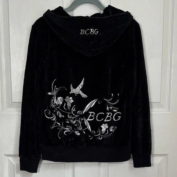BCBG Y2K black velvet zip up hoodie rhinestone embellished size Medium birds - Picture 1 of 11